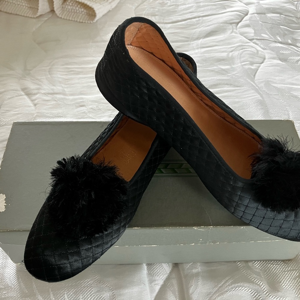 Vintage Daniel Green Black Quilted Pom Pom Smoking Slippers